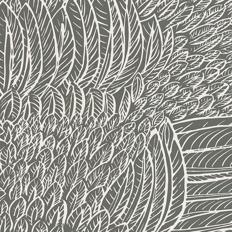 Featherfest Slate wallpaper by Schumacher featuring a graphic play of stylized feathers in a slate colorway, shown in a modern interior setting.