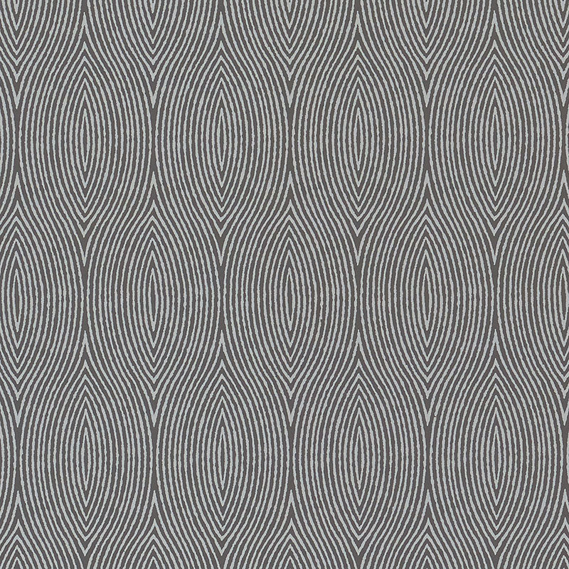 Bark Slate wallpaper by Schumacher featuring graphic concentric ogee wood grain pattern in grey tones.