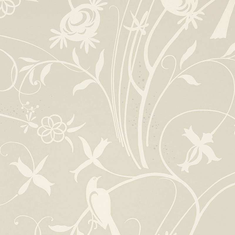 Sky Meadow wallpaper in Linen by Schumacher featuring birds, blossoms, and vines in a neutral colorway.