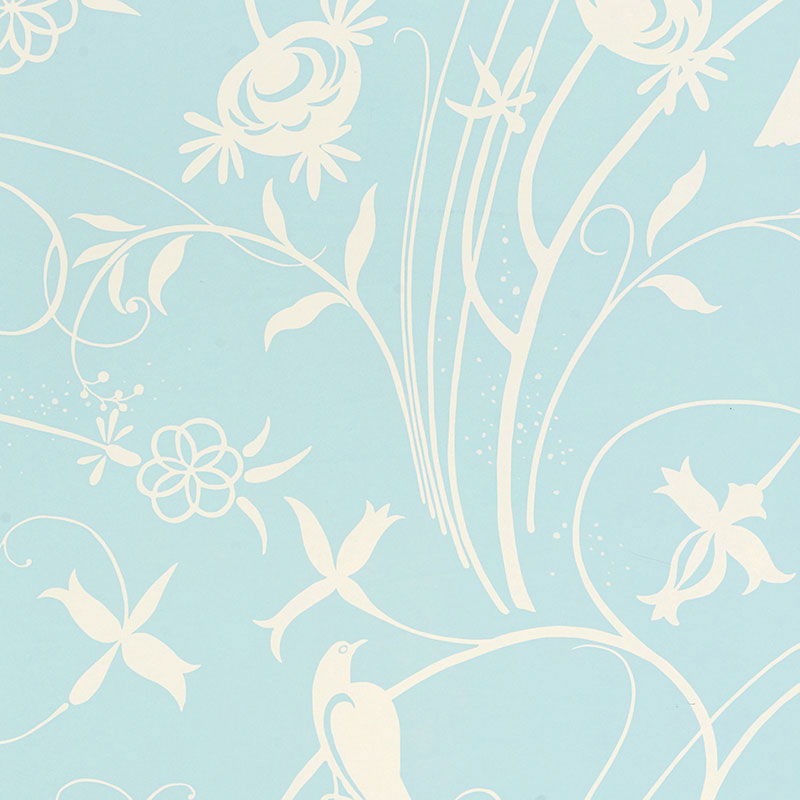 Sky Meadow wallpaper in light blue with white birds, blossoms, and vines, inspired by a 1960s mod print.