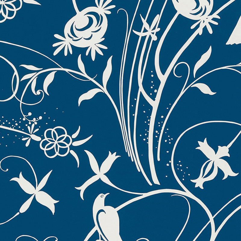 Sky Meadow wallpaper in blue with white graphic birds, blossoms, and vines by Schumacher