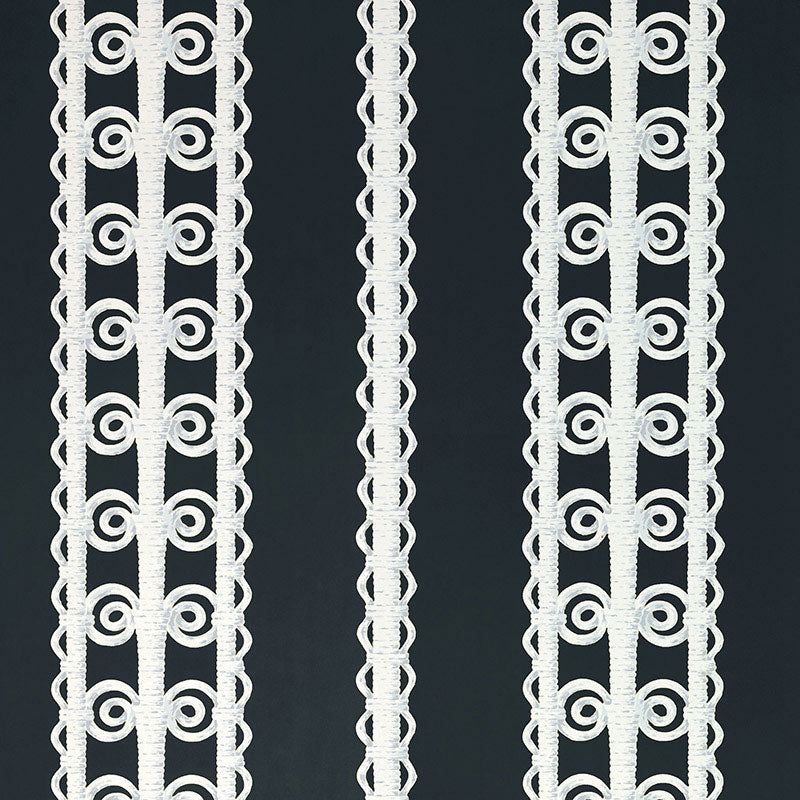 Wicker Stripe wallpaper in Licorice by Schumacher, featuring a bold vertical stripe pattern with a lace-like motif.