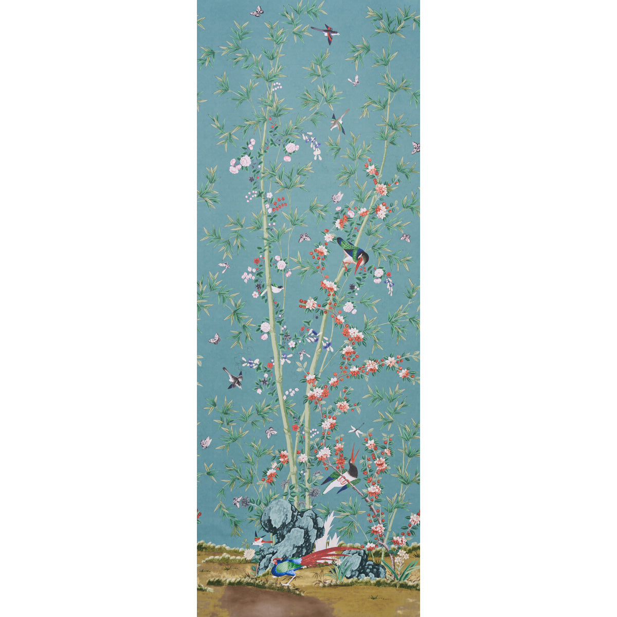 Brighton Pavilion Panel wallpaper by Miles Redd for Schumacher, featuring a scenic botanical and bird motif in multi colors.