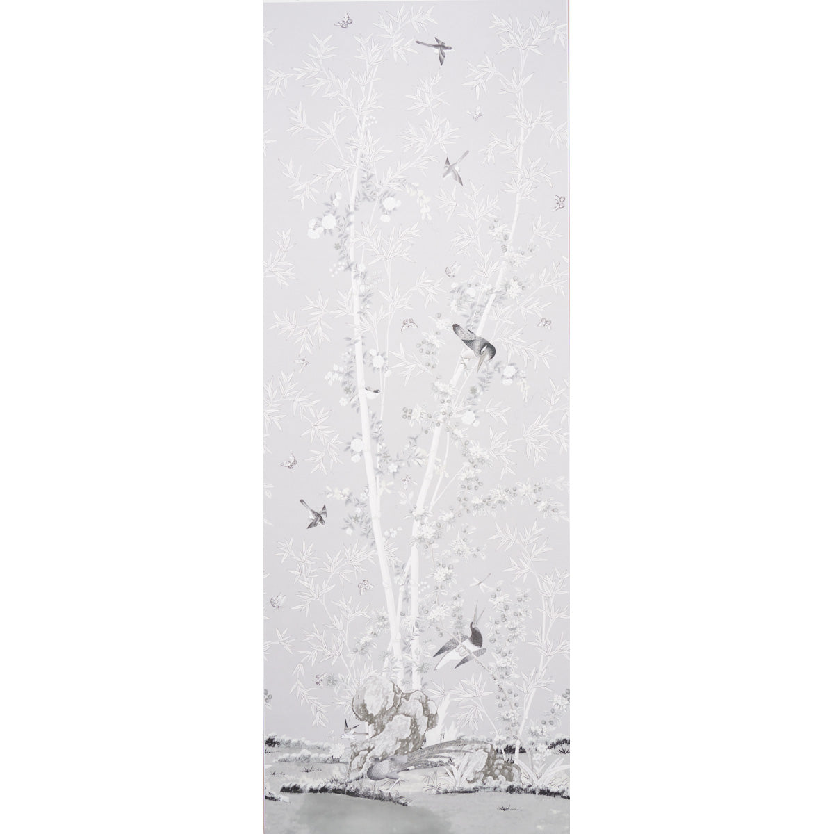 Brighton Pavilion Panel wallpaper by Miles Redd for Schumacher, black and white scenic panel with birds, bamboo, and floral motifs.
