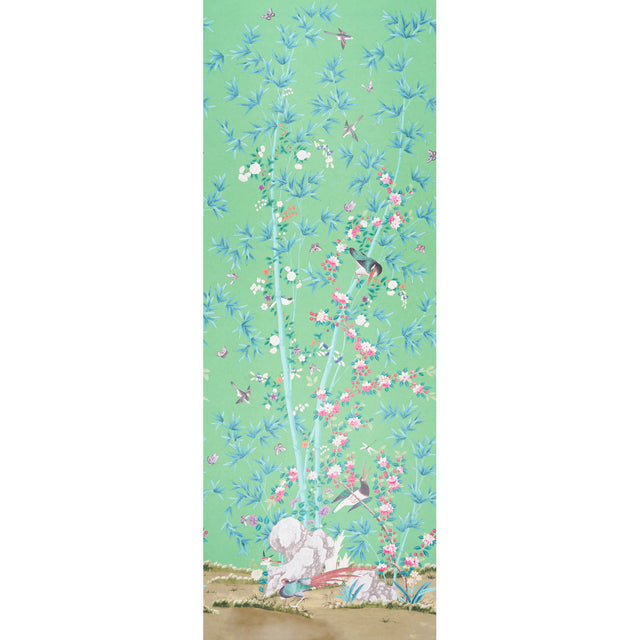 Brighton Pavilion Panel in Emerald by Miles Redd for Schumacher. Chinoiserie-style wallpaper panel featuring birds, bamboo, and flowers on a green background.