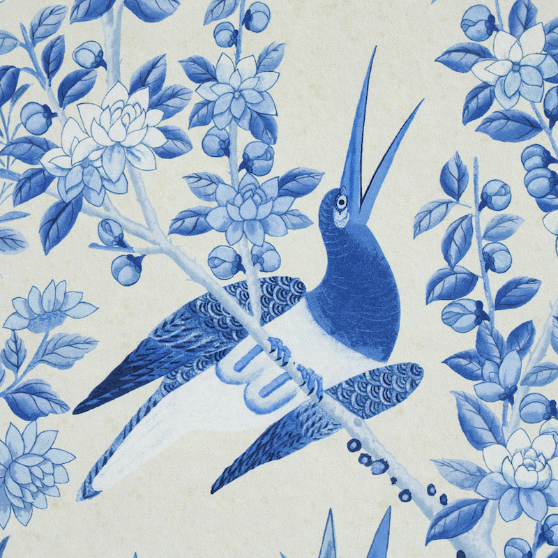 Brighton Pavilion Panel Blue Botanical Bird Wallpaper – Schumacher 5007744