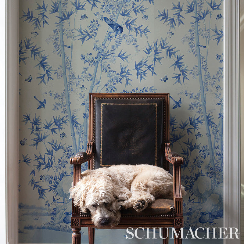 Brighton Pavilion Panel Blue Botanical Bird Wallpaper – Schumacher 5007744