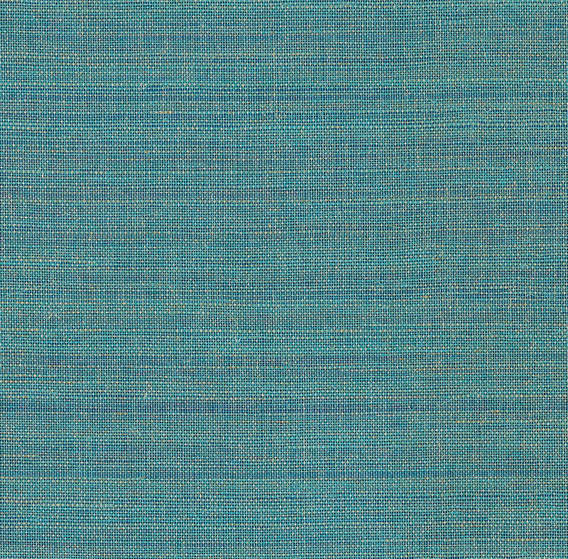 Peacock Shimmer hemp wallcovering with a subtle metallic sheen by Schumacher, shown in a teal blue textured finish.