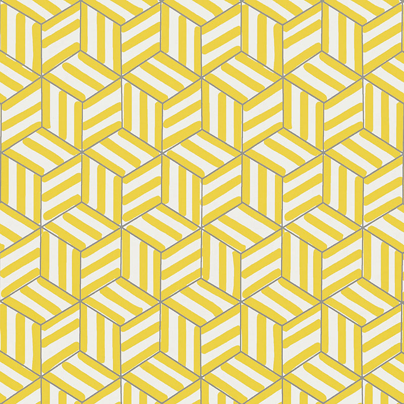 TUMBLING BLOCKS wallpaper in citron yellow by Schumacher, geometric hand-drawn pattern by Miles Redd