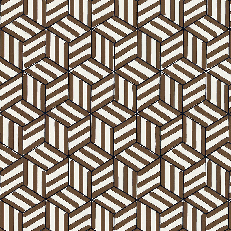TUMBLING BLOCKS geometric chocolate brown and white wallpaper by Schumacher shown in a bathroom interior and close-up pattern view.