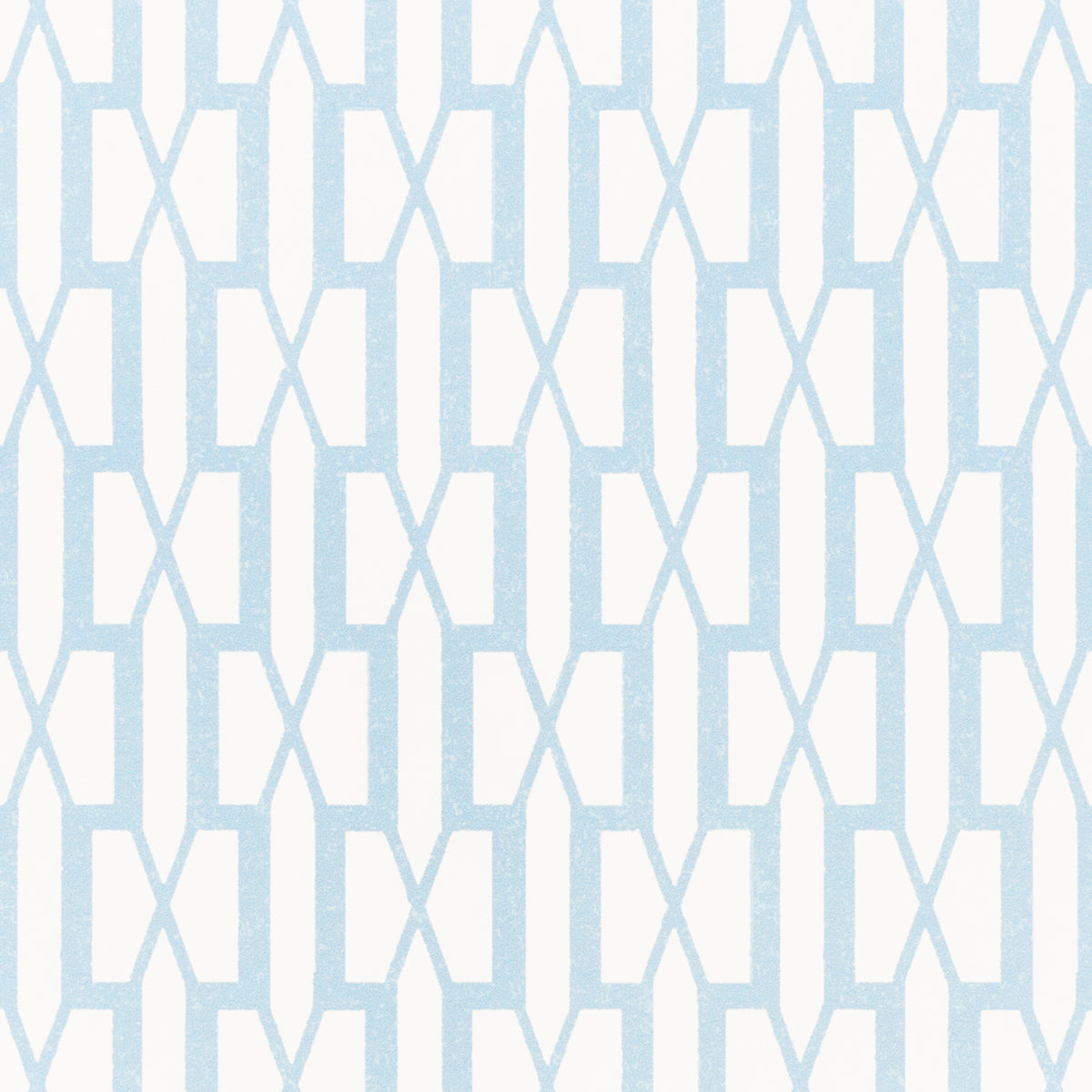 Belvedere Sky by Veere Grenney for Schumacher - geometric trellis pattern wallpaper in light blue and white, styled in various interior settings.