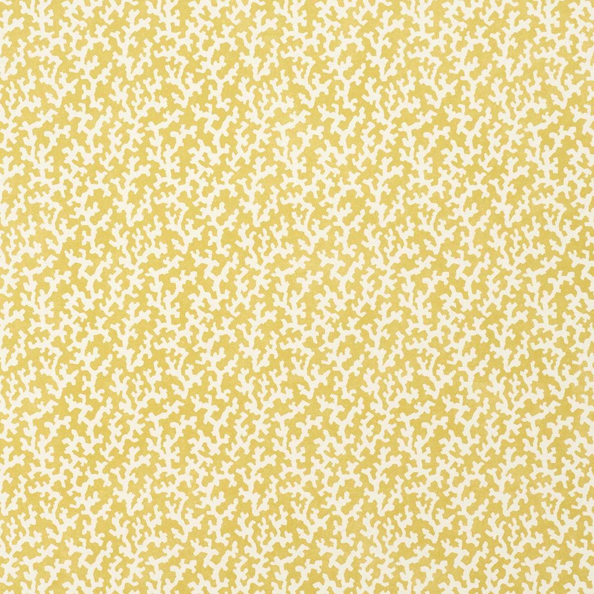 FOLLY wallpaper in Mimosa by Veere Grenney for Schumacher, coral-like yellow and white pattern, shown in a bathroom interior and close-up views.