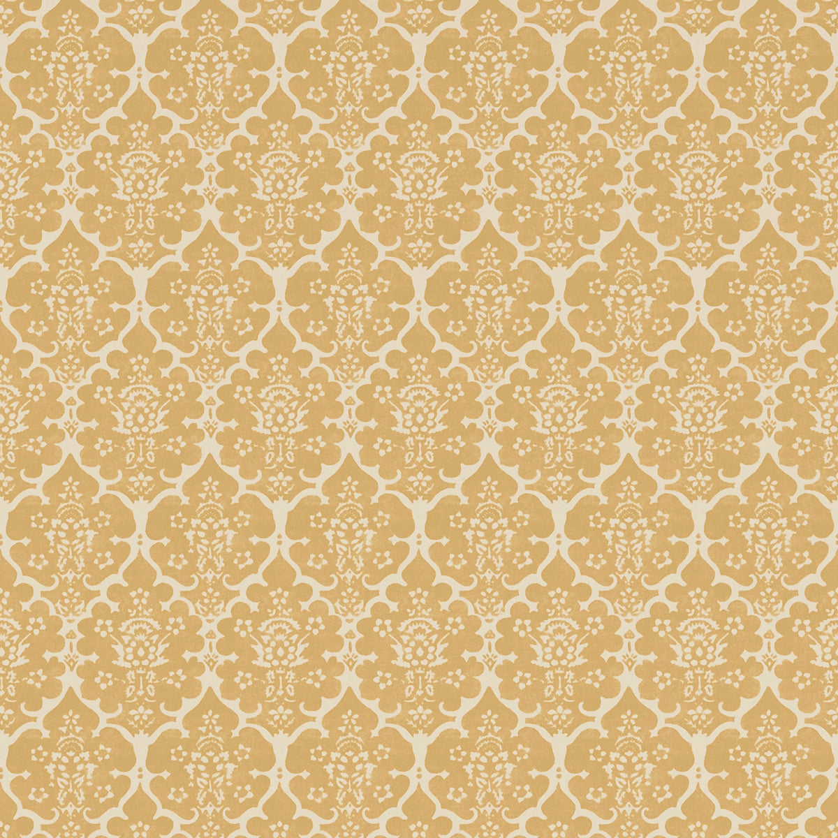 Burley Straw by Veere Grenney for Schumacher - floral lattice wallpaper in straw yellow, hand-blocked exotic pattern