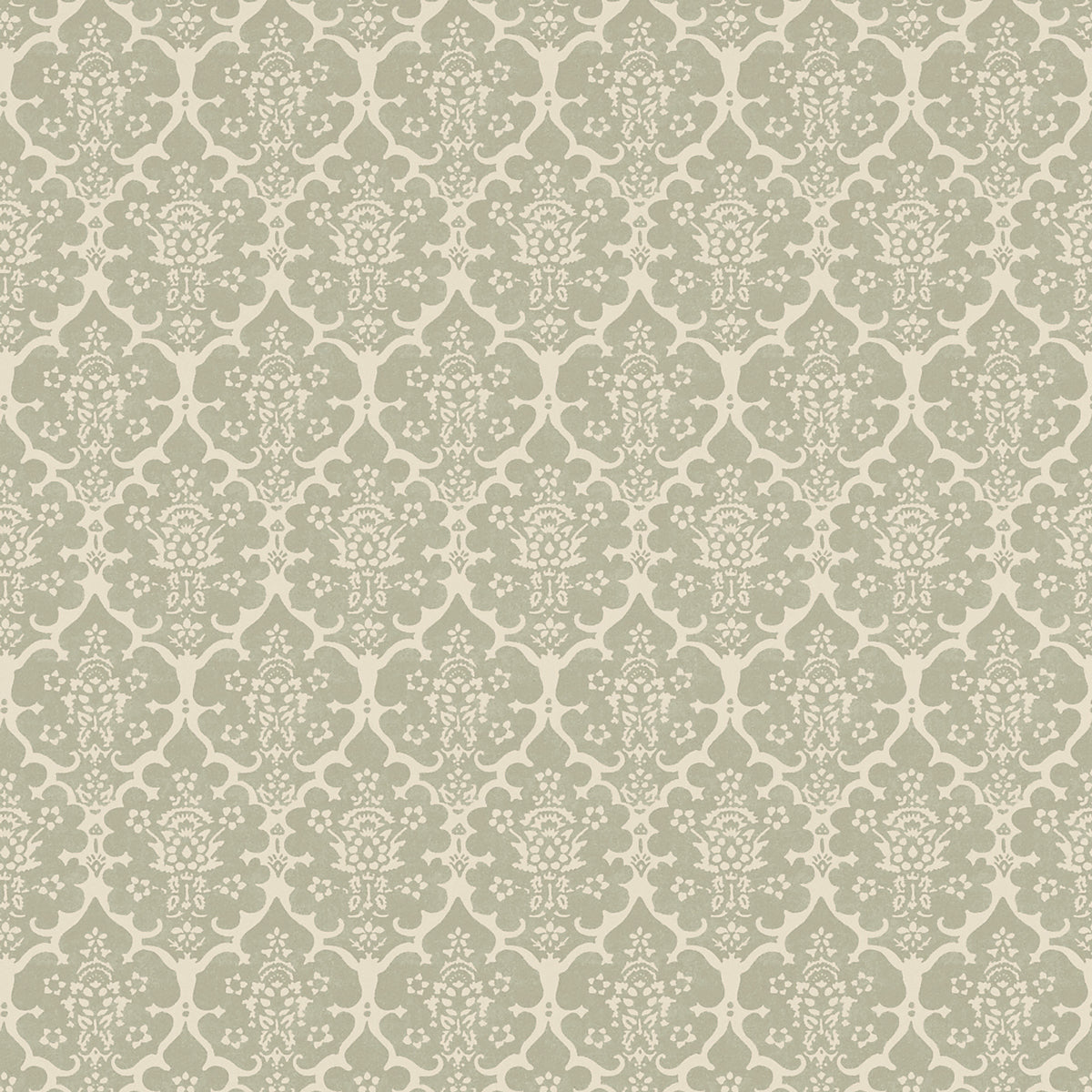 Burley Sage by Veere Grenney for Schumacher - elegant floral lattice wallpaper in a soft sage green, shown in a classic bedroom setting.