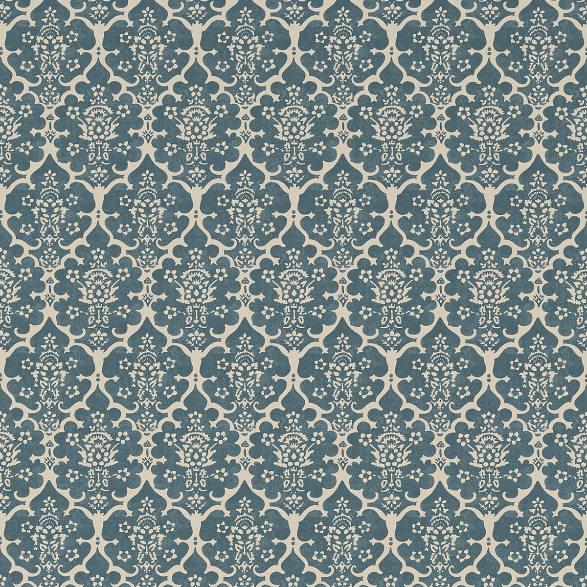 Burley Peacock Blue wallpaper by Schumacher, a floral lattice hand-blocked design in blue and cream, styled in a bathroom interior.