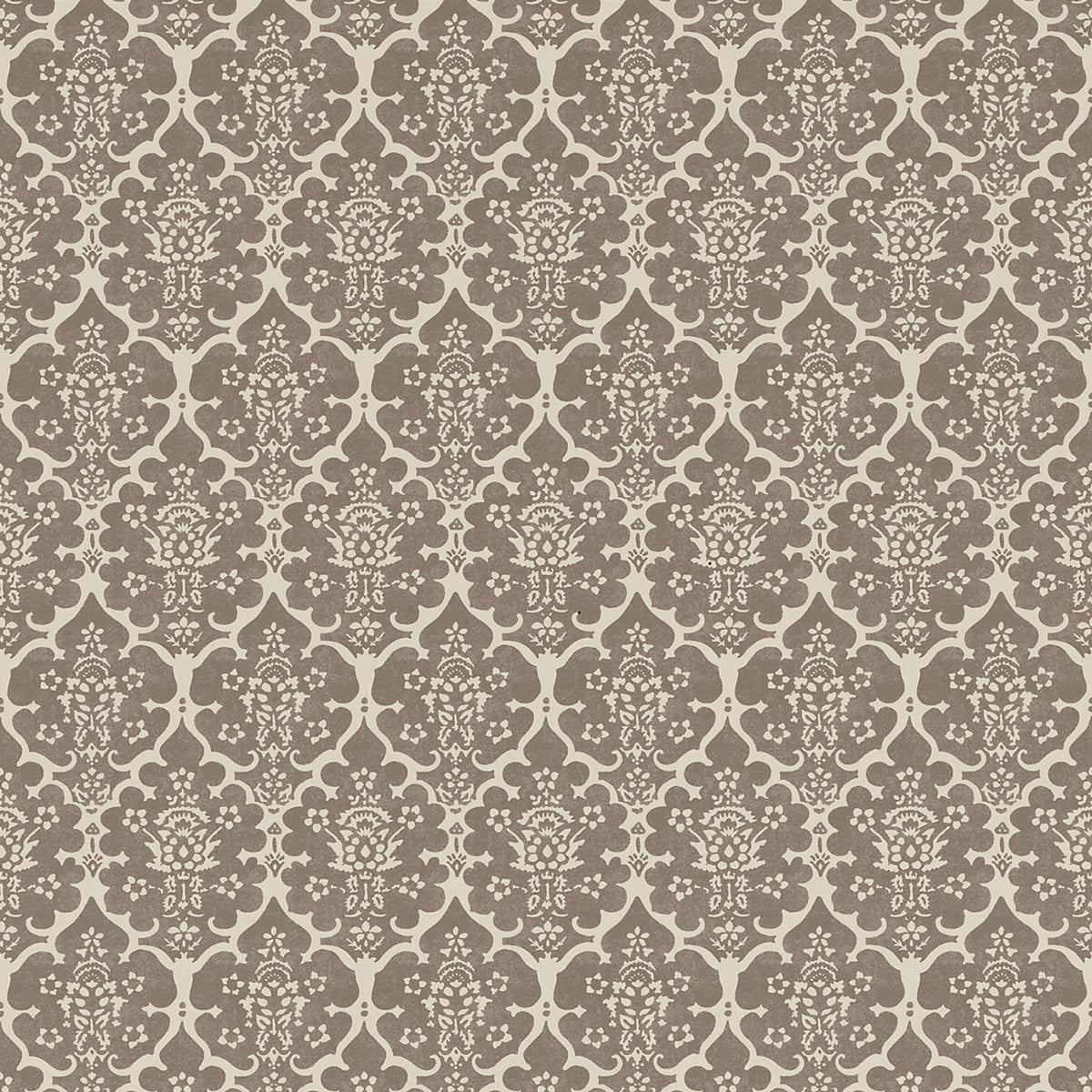 Burley wallpaper in Berber Brown by Veere Grenney for Schumacher, a floral lattice hand-blocked design.