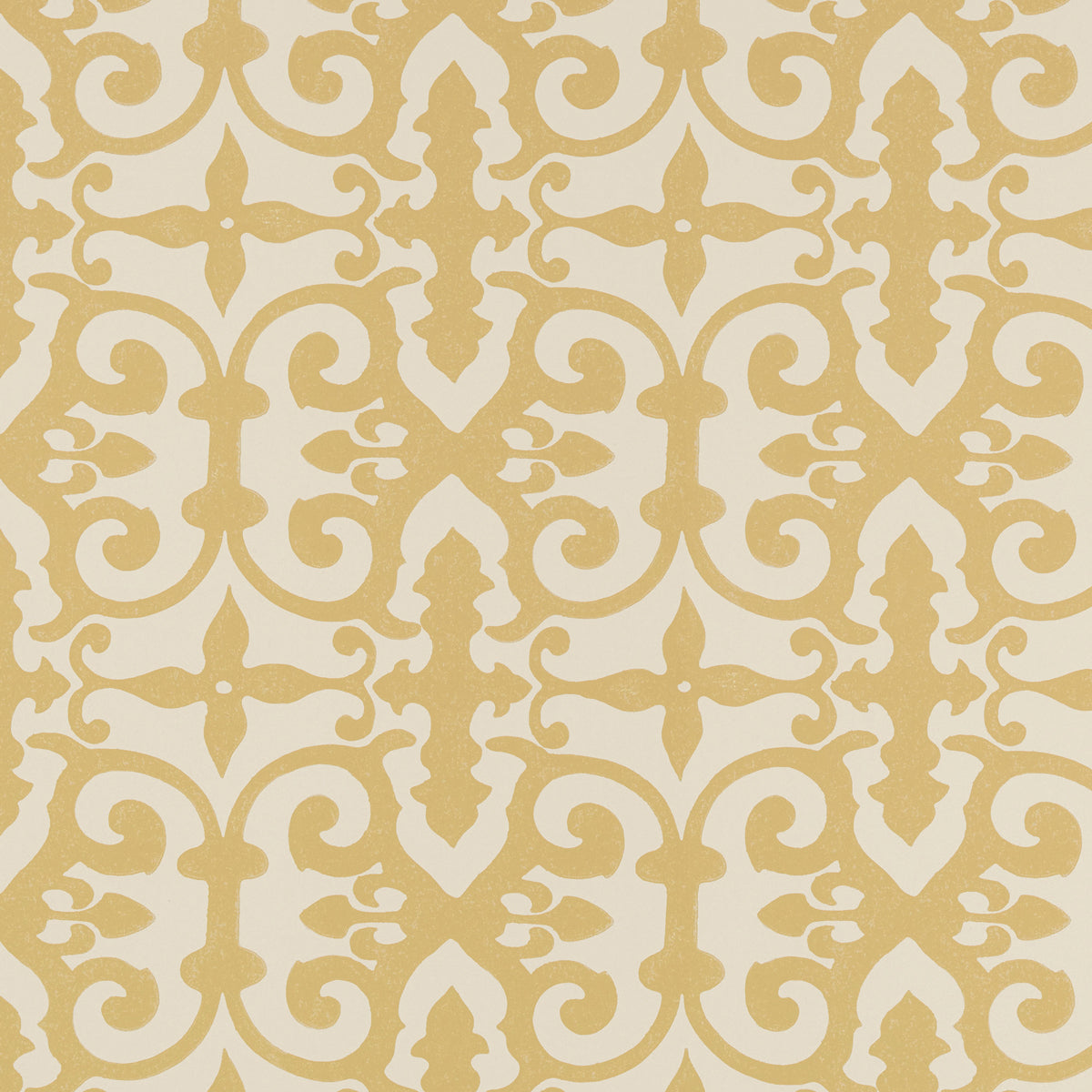 Ferne Park wallpaper in Straw by Schumacher, an intricate and highly decorative hand-blocked pattern in yellow and cream.