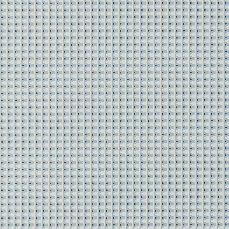 MILO wallpaper in Spruce Blue by Schumacher, designed by David Oliver. Ogee-like scallops and graphic dots in a charming stripe pattern.