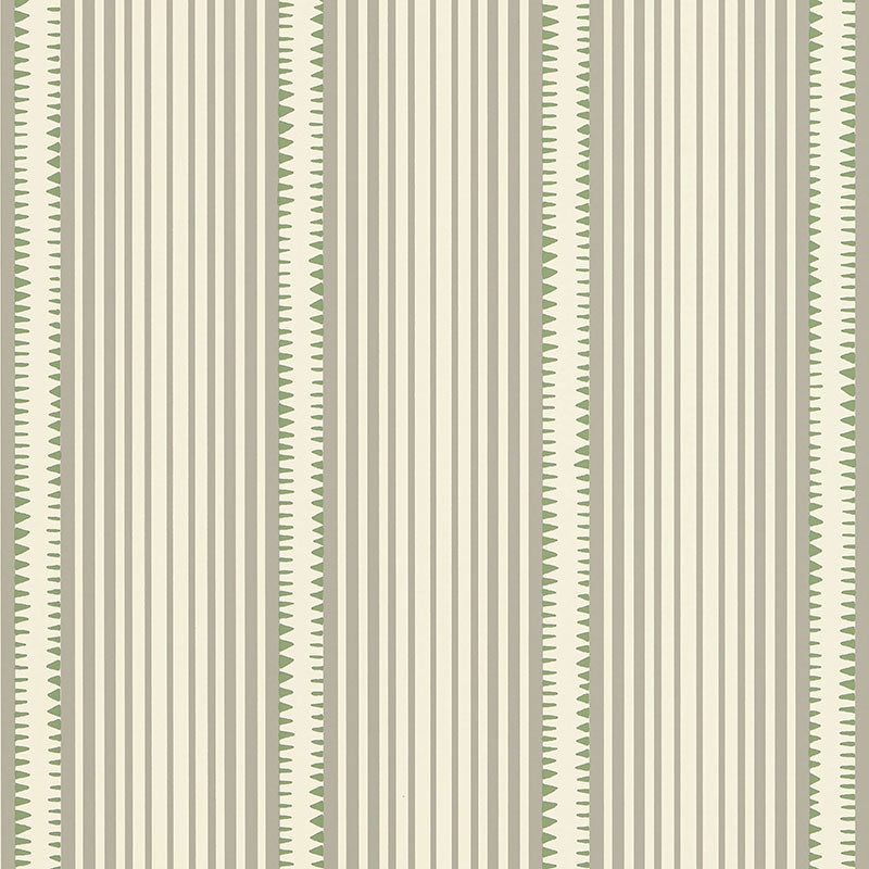 Moncorvo wallpaper in Samphire by Schumacher, featuring a geometric stripe pattern in green and neutral tones.