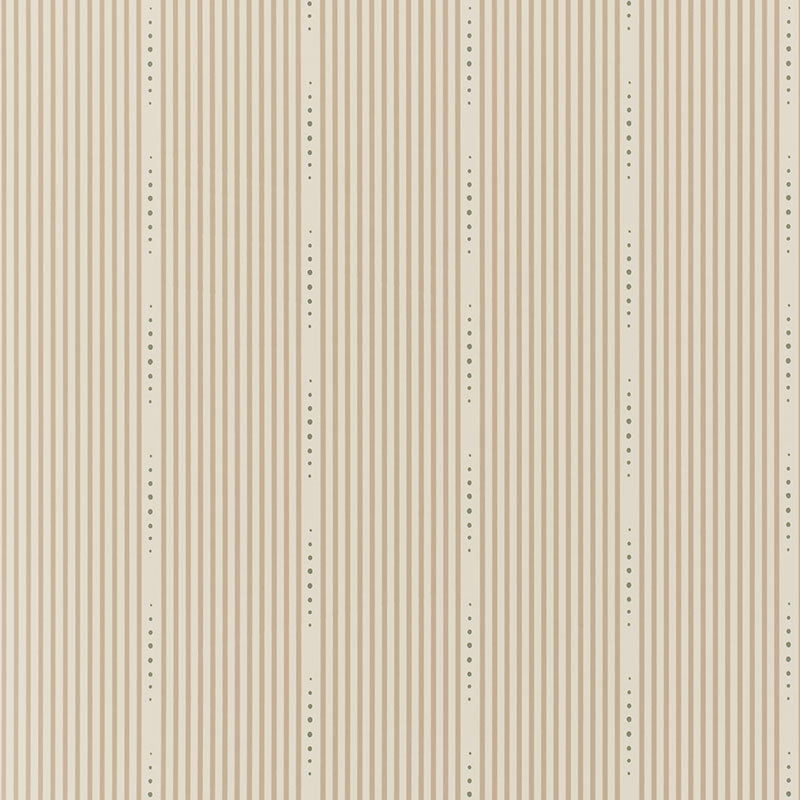 OPUS wallpaper in Vintage by David Oliver for Schumacher, understated hand-drawn stripe with dotted accents, shown in a styled interior and pattern close-up.