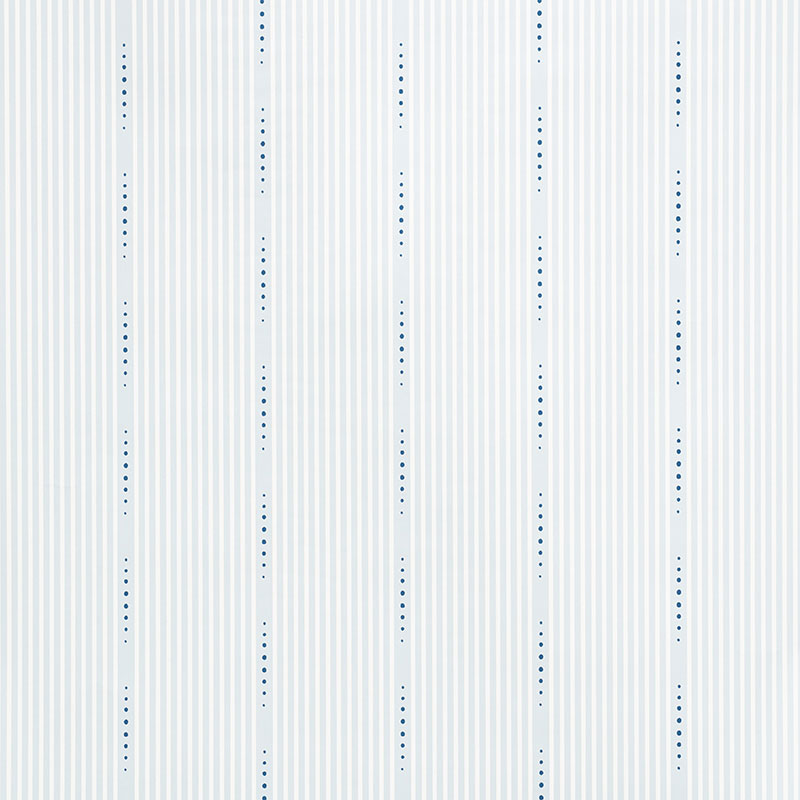 OPUS by David Oliver for Schumacher. Blue and white narrow stripe wallpaper with hand-drawn dots, screen-printed on paper.
