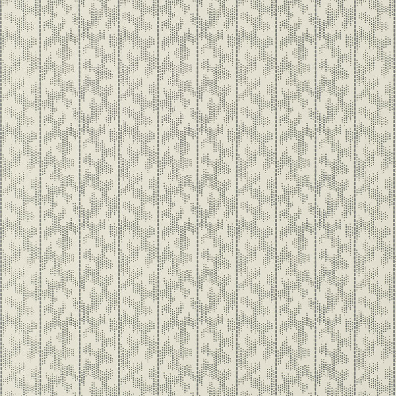 Montpellier wallpaper in Fern Court by Schumacher, shown in a bathroom interior and as a pattern close-up.