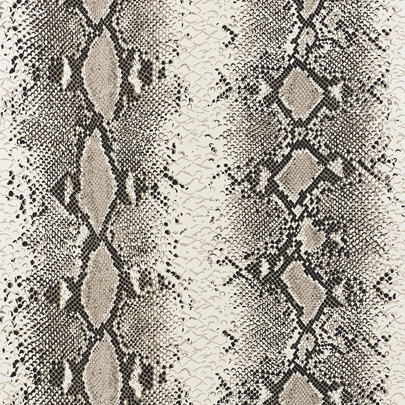 Snake Charmer Cinder animal print wallpaper by Schumacher shown in interior and close-up views