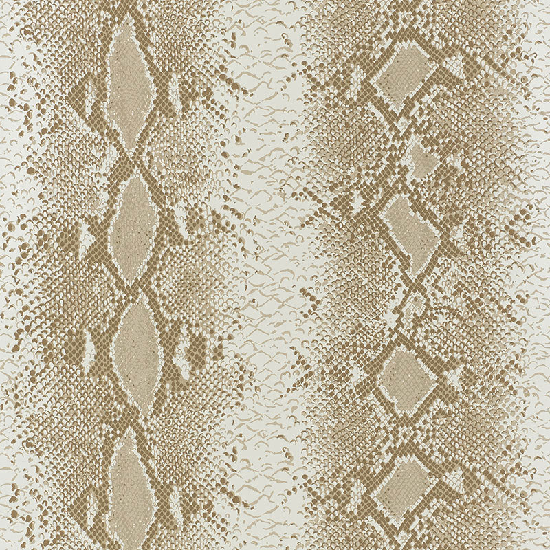 Snake Charmer Sand animal print wallpaper by Schumacher shown in detail and installed in a modern interior stairway.