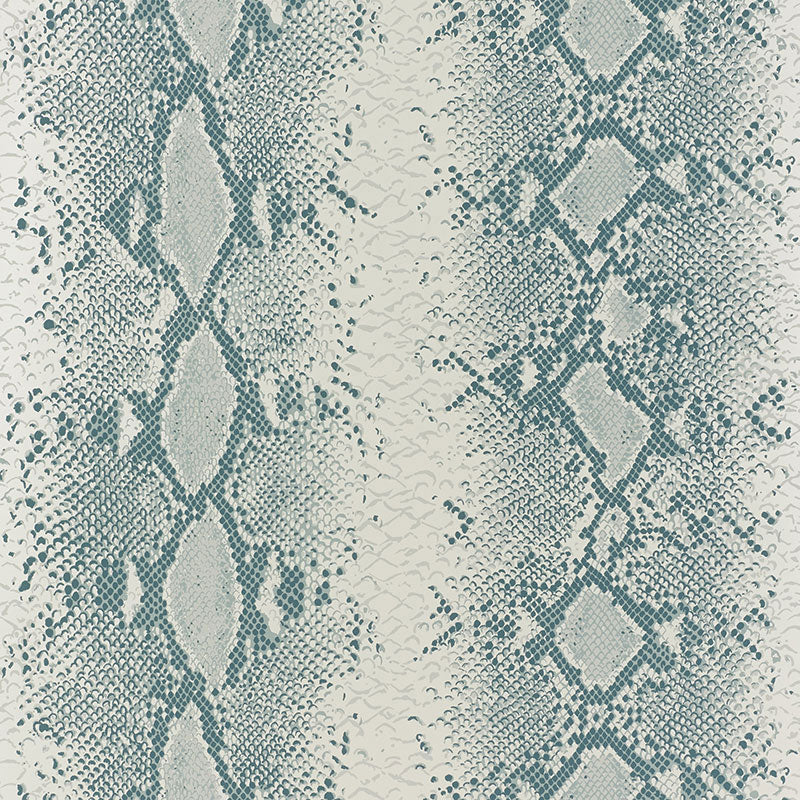 Snake Charmer Mineral animal print wallpaper by Schumacher, shown in a modern interior setting with a bold snakeskin pattern.