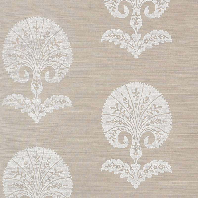 Ottoman Flower Sisal wallpaper in Fog by Schumacher, featuring Turkish floral motifs in a neutral colorway, shown in a styled interior and close-up.