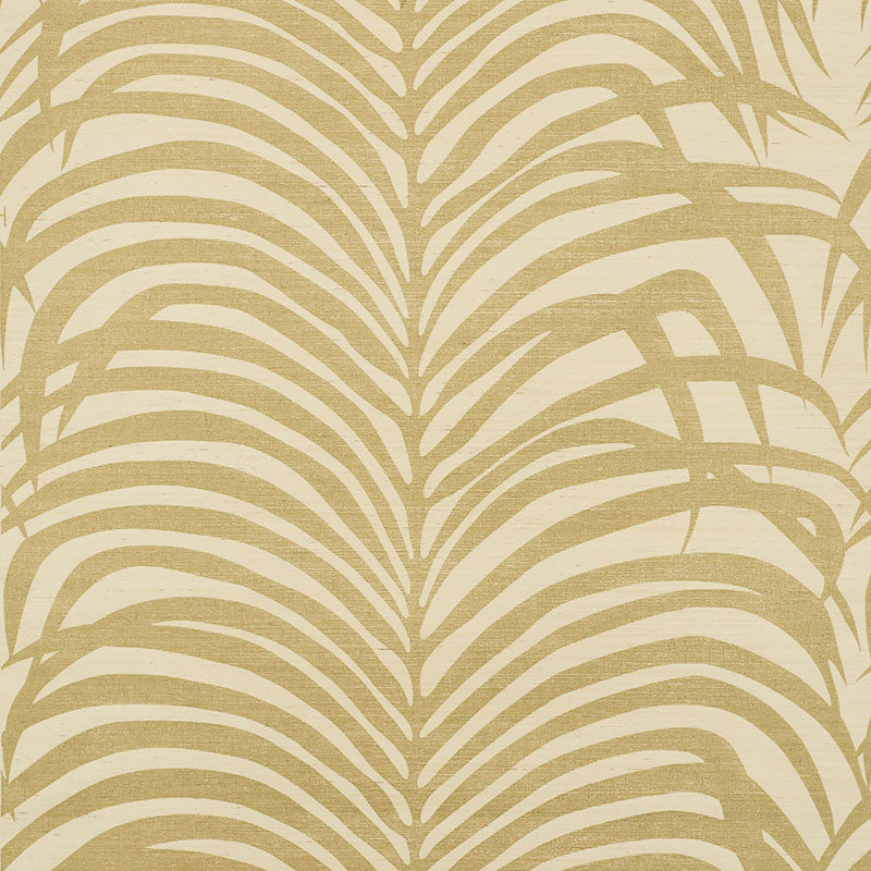 Zebra Palm Sisal wallpaper in gold on ivory with a bold palm and zebra stripe pattern by Schumacher.