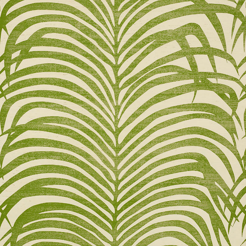 Zebra Palm Sisal wallpaper in green, featuring a bold hand-screened pattern reminiscent of zebra stripes and tropical palm leaves.