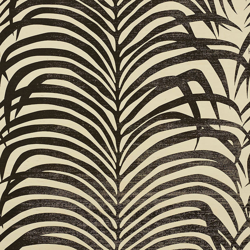 Zebra Palm Sisal wallpaper in black on ivory with bold zebra stripe and palm leaf pattern by Schumacher.