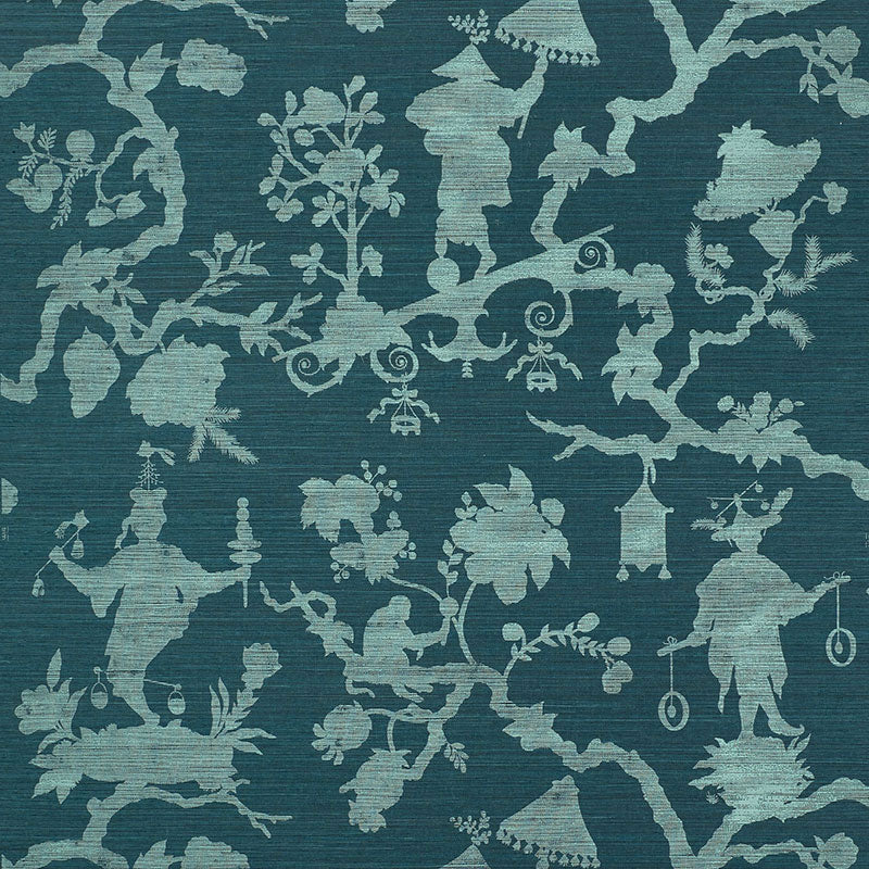 Shantung Silhouette Sisal wallpaper in Peacock by Schumacher features modern chinoiserie motifs in a whimsical silhouette pattern.