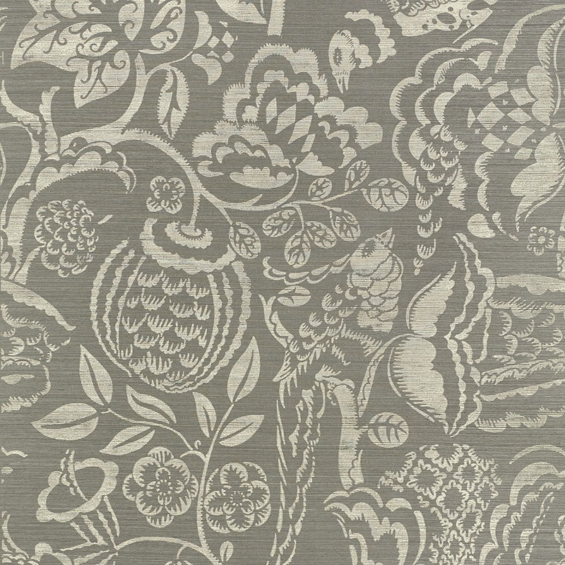 Uccello Sisal botanical grey wallpaper with painterly floral and bird pattern by Schumacher
