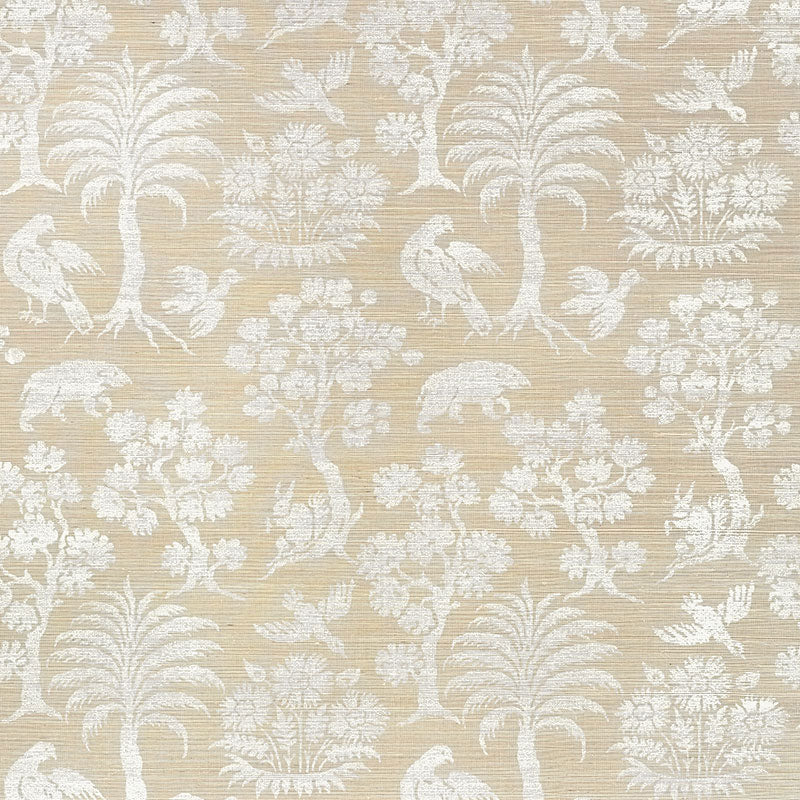 Woodland Silhouette Sisal wallpaper in Fog by Schumacher, featuring a hand-screened botanical and animal pattern in a neutral colorway.