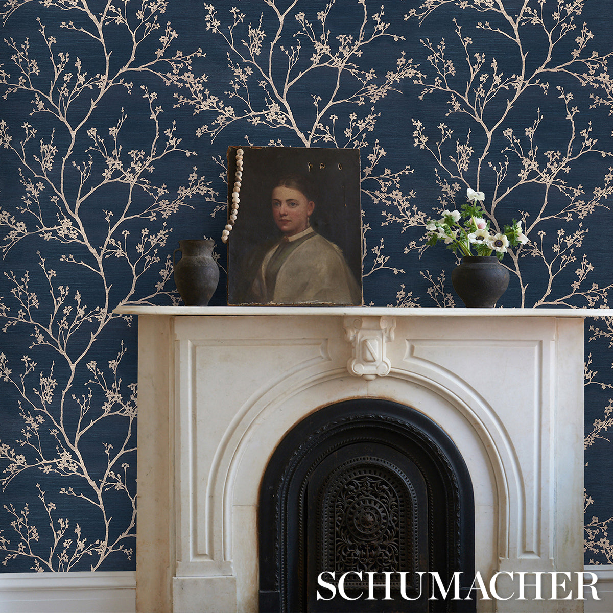 Twiggy Sisal Indigo by Schumacher Botanical Scenic Wallpaper – Schumacher 5008293