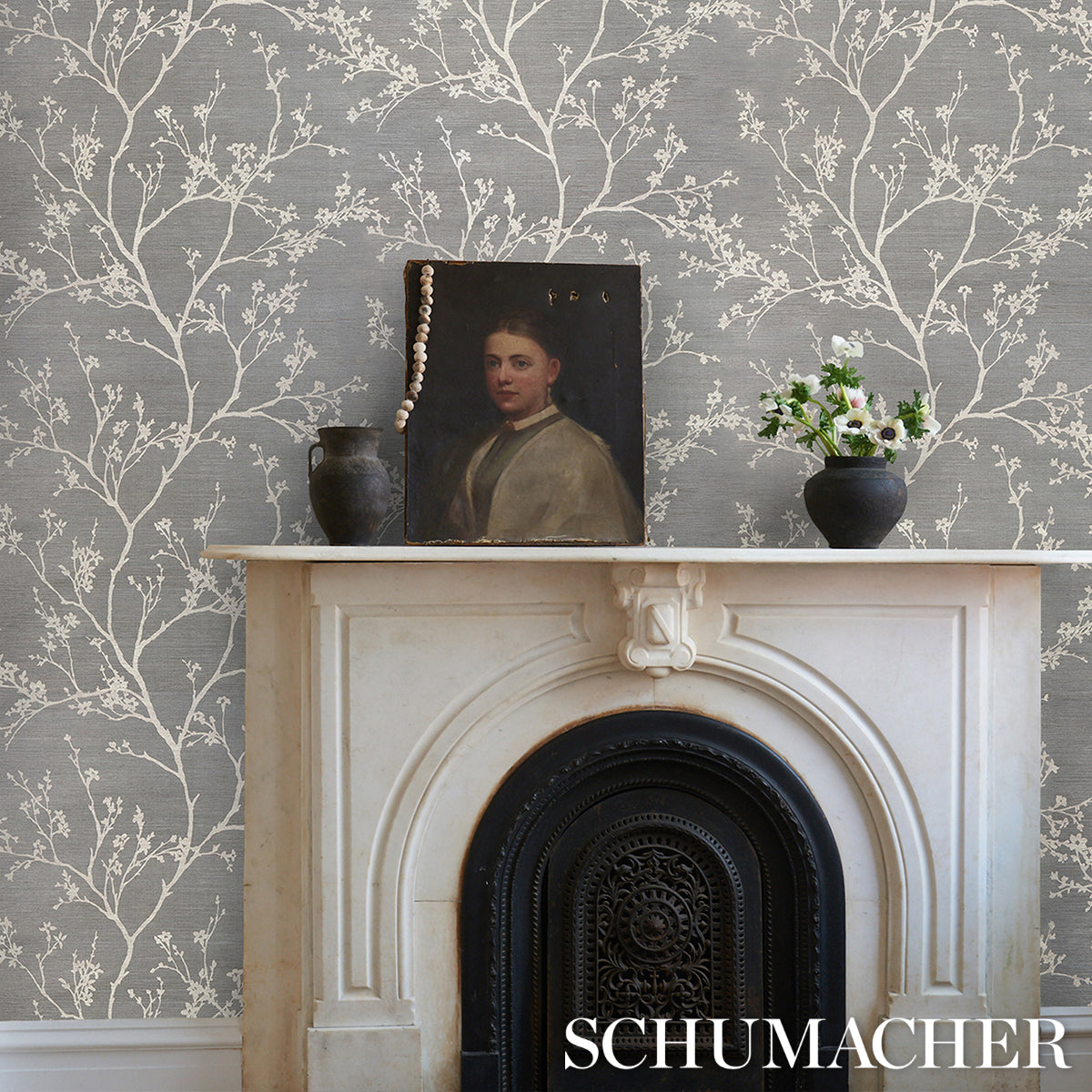 Twiggy Sisal Charcoal by Schumacher Hand Screen Printed Wallpaper – Schumacher 5008295