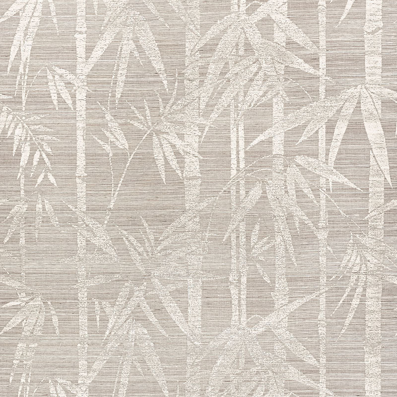 Les Bambous Sisal wallpaper in Fog by Schumacher features a hand screen printed bamboo pattern on textured sisal in neutral tones.
