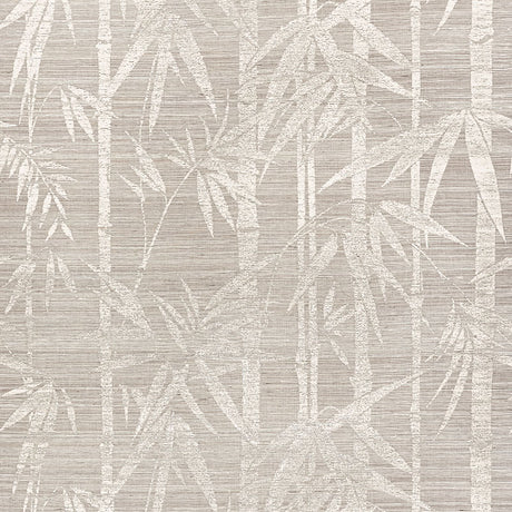 Les Bambous Sisal wallpaper in Fog by Schumacher features a hand screen printed bamboo pattern on textured sisal in neutral tones.