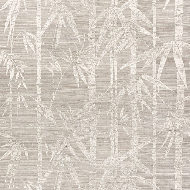 Les Bambous Sisal wallpaper in Fog by Schumacher features a hand screen printed bamboo pattern on textured sisal in neutral tones.