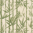 Green bamboo stalks and leaves on a textured sisal wallpaper background, Les Bambous Sisal by Schumacher, shown in a styled bathroom interior.