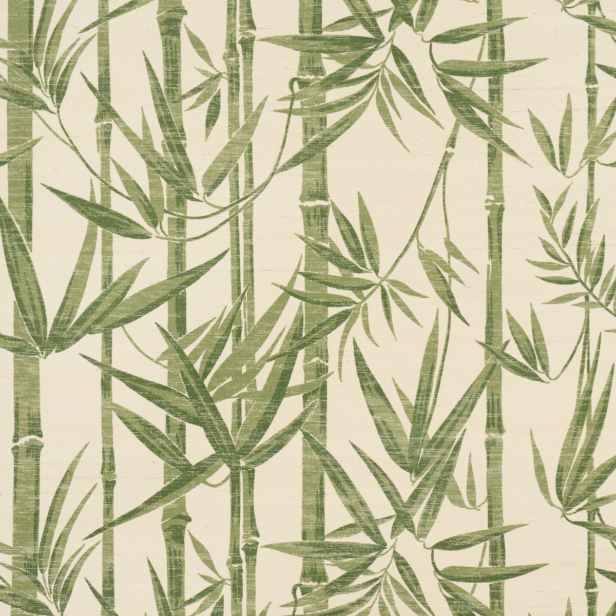 Green bamboo stalks and leaves on a textured sisal wallpaper background, Les Bambous Sisal by Schumacher, shown in a styled bathroom interior.