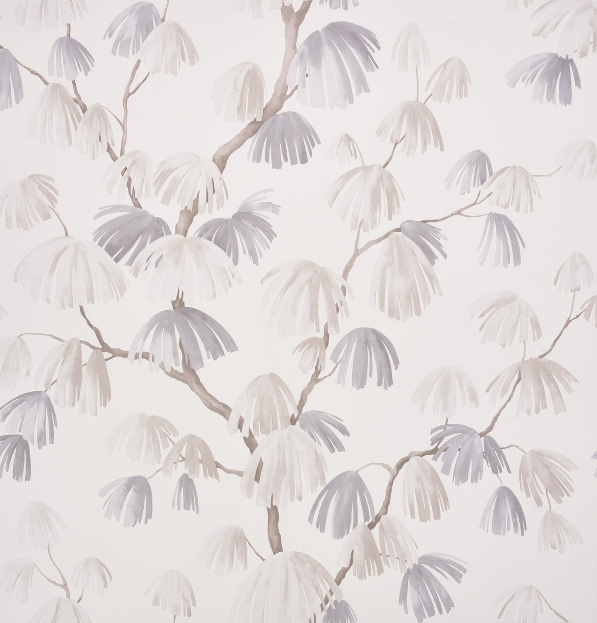 Weeping Pine wallpaper by Schumacher, designed by David Kaihoi, featuring a large-scale botanical pine branch motif in soft neutral tones.
