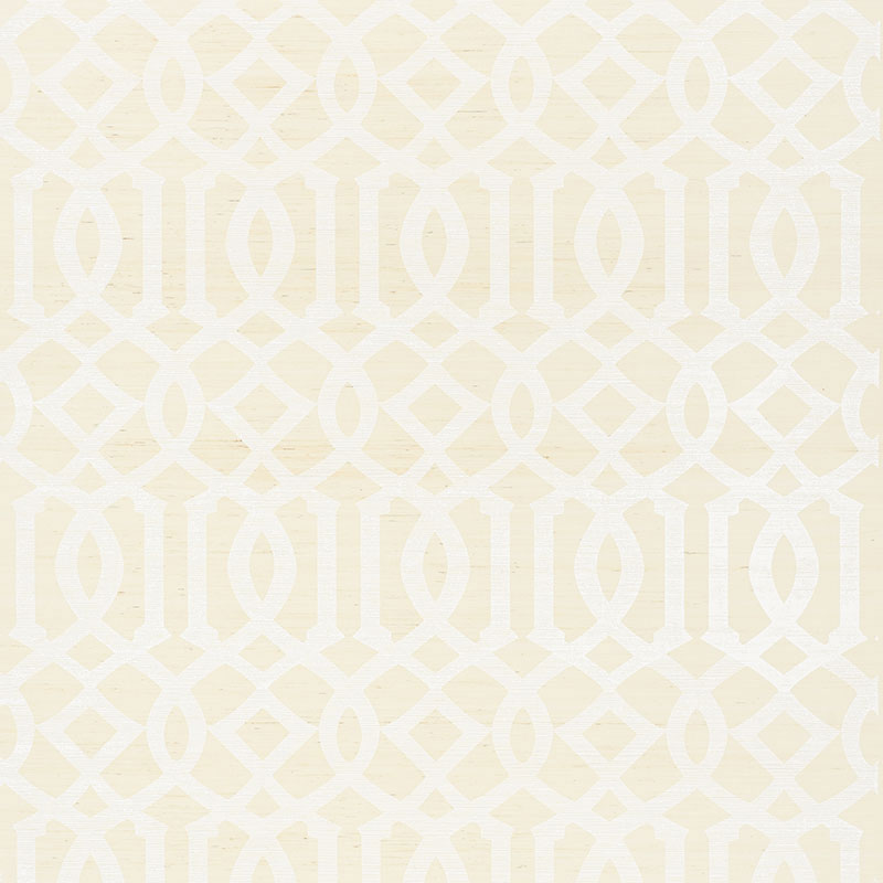 Imperial Trellis Sisal wallpaper in ivory by Kelly Wearstler for Schumacher, featuring a geometric trellis pattern.
