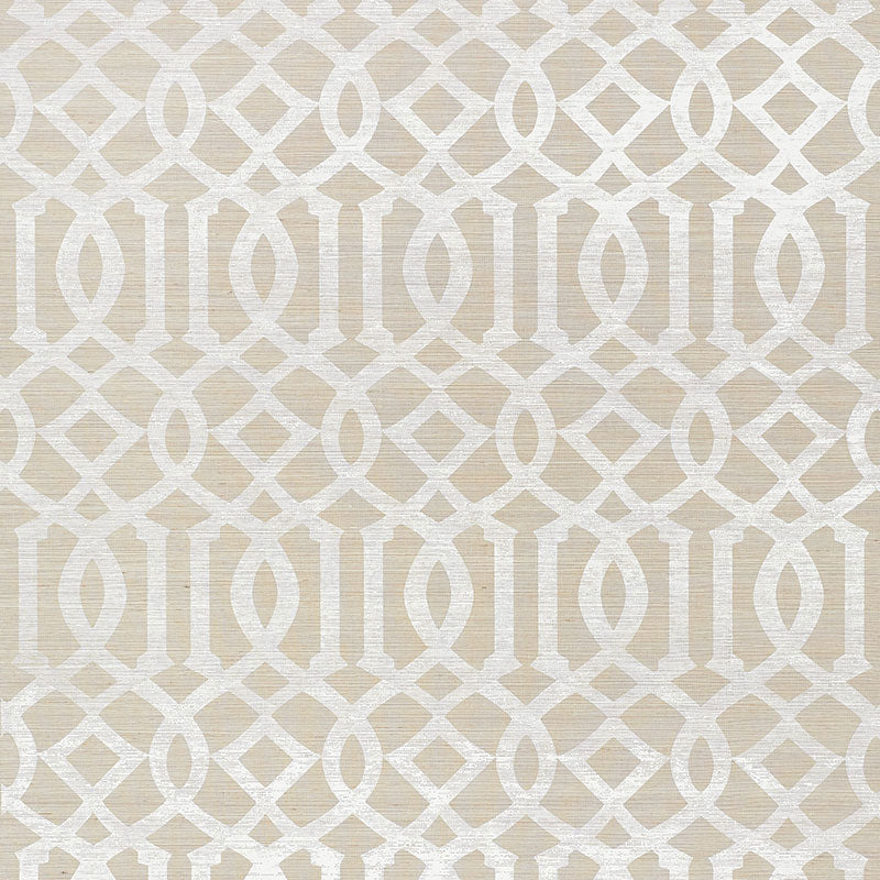 Imperial Trellis Sisal wallpaper in Sand by Kelly Wearstler for Schumacher, featuring a geometric trellis pattern in neutral tones.