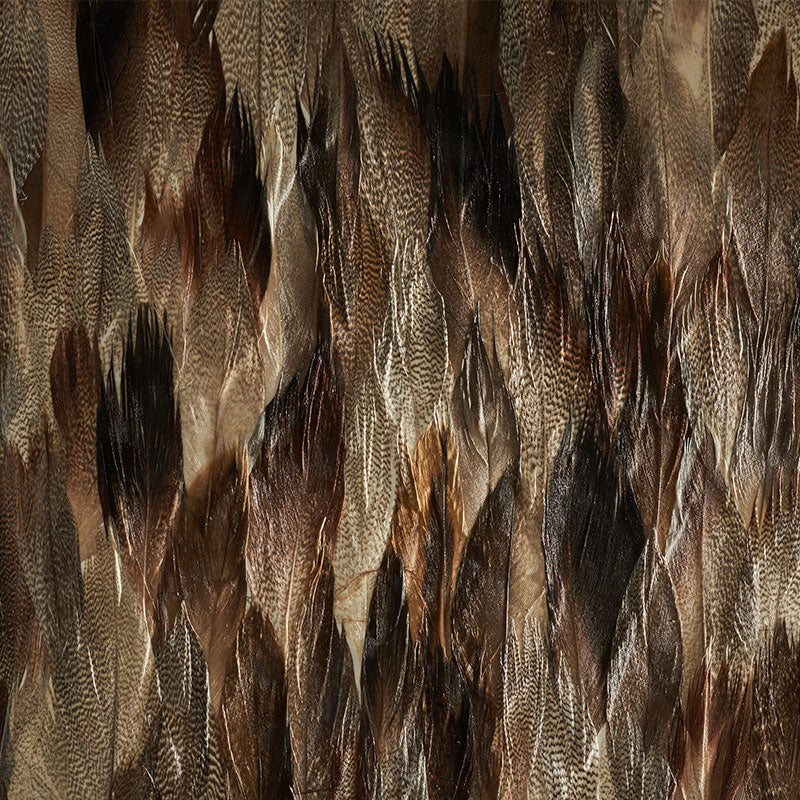 Iridium Tail by Schumacher - Hand-applied natural feather wallcovering panel in rich brown and taupe tones