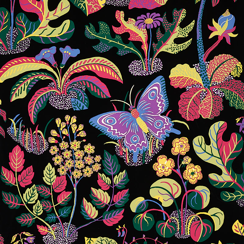 Exotic Butterfly wallpaper by Schumacher featuring vibrant butterflies and botanical motifs on a black background.
