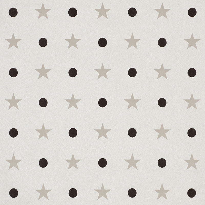 Warm silver wallpaper with flocked polka dots and stars, Etoiles et Points by Schumacher