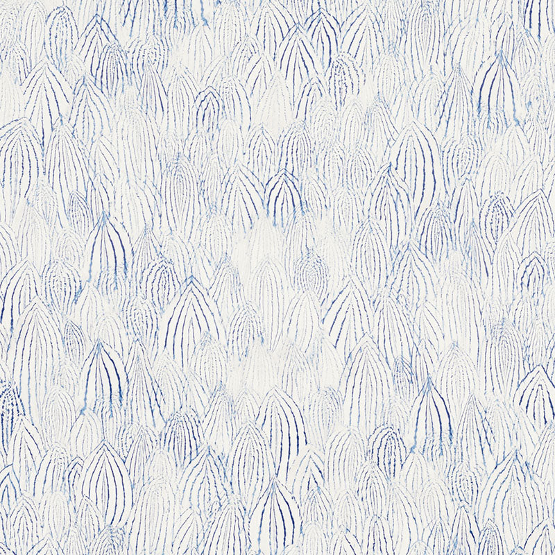 Feathers Indigo wallpaper by Schumacher, featuring a blue and white feather pattern from the Silver Lining Performance Wallcoverings collection.